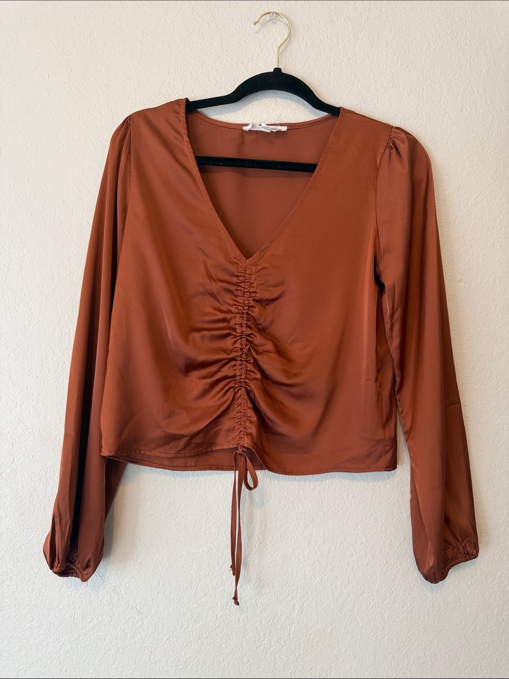 Hippie Rose Rust Ruched V-Neck Long Sleeve Blouse